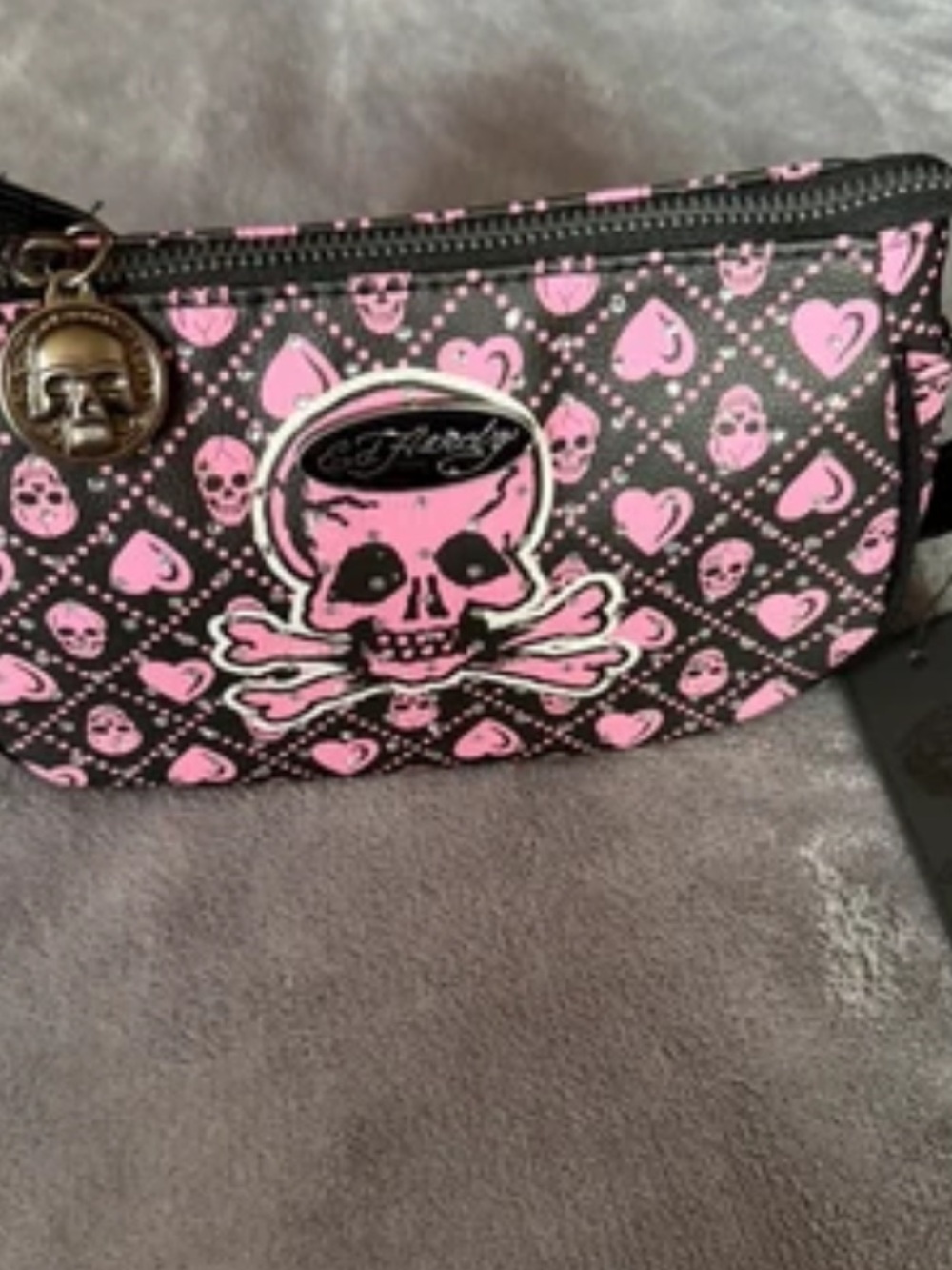 Ed Hardy Black & Pink Skull Crossbones Shoulder Bag NWT - Picture 8 of 11